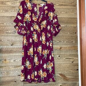 Monteau Floral Dress Burgundy floral V-Neck Short Sleeve Ruffle Trim Size 2X